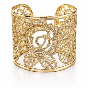 Gold Filigree Floral Cuff Bracelet – Open Front Statement Piece – New